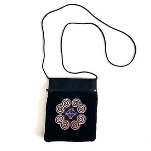 Black Velvet Medallion Mini Crossbody Bag Boho Embroidered Festival Bag Micro